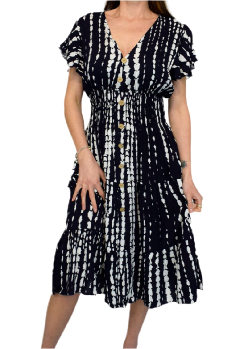 V Neck Midi Dress Splash Stripe- Navy