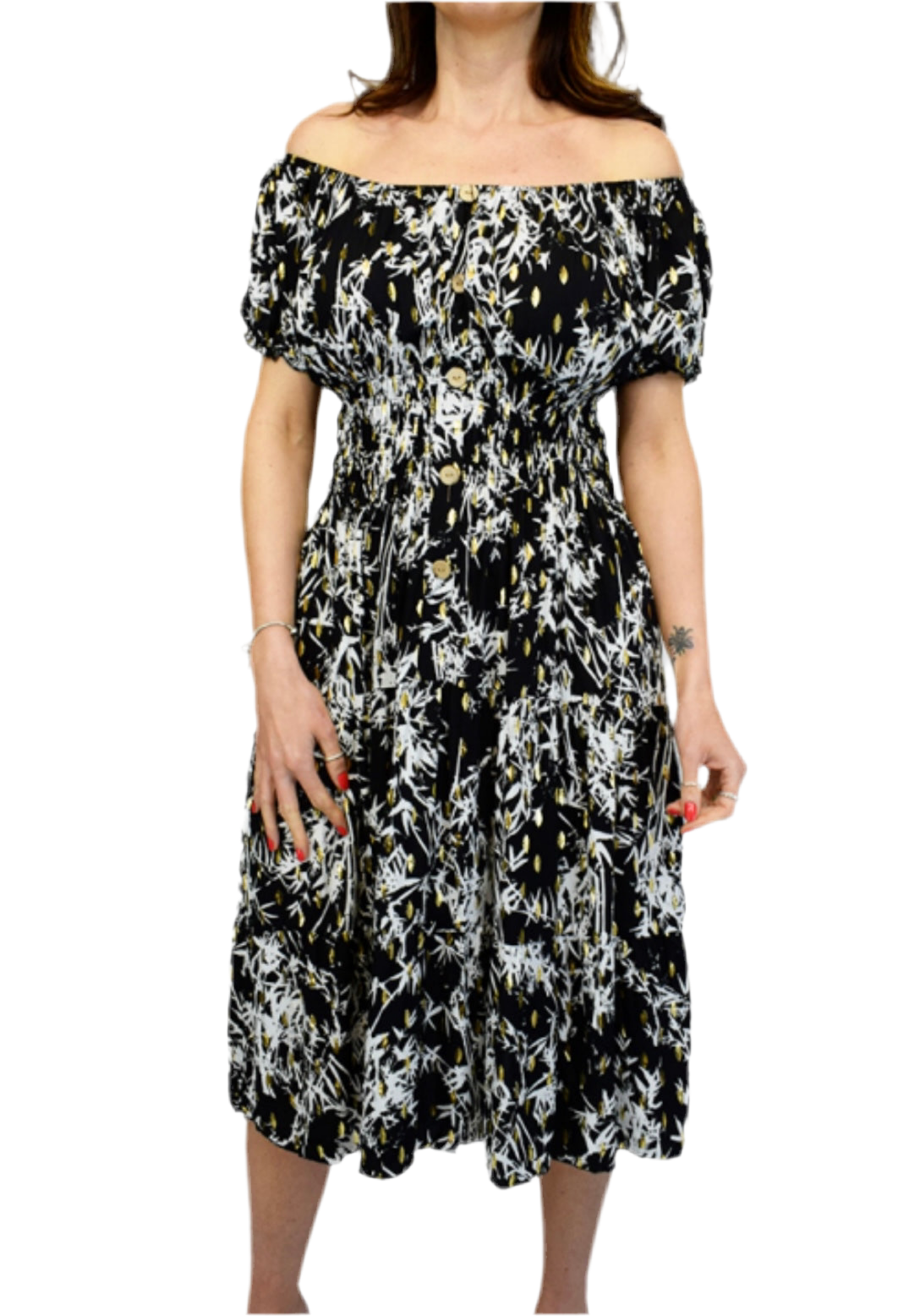 Button Front Midi Dress Splash - Black