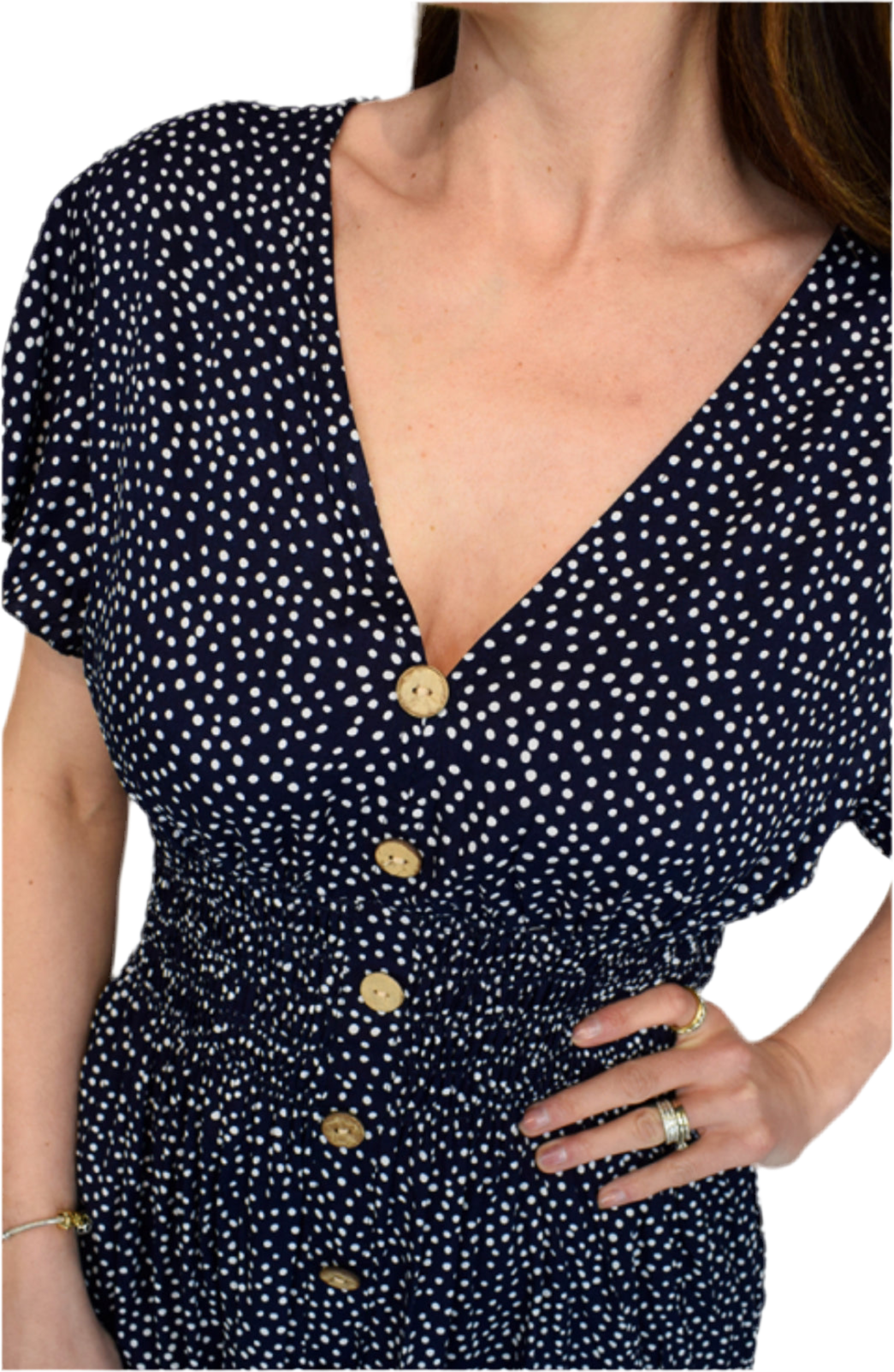 Pebble Spot V Neck Midi Dress - Navy