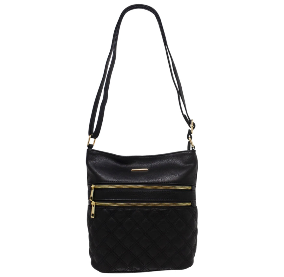 Double Zip Quilted Crossbody Bag - Black