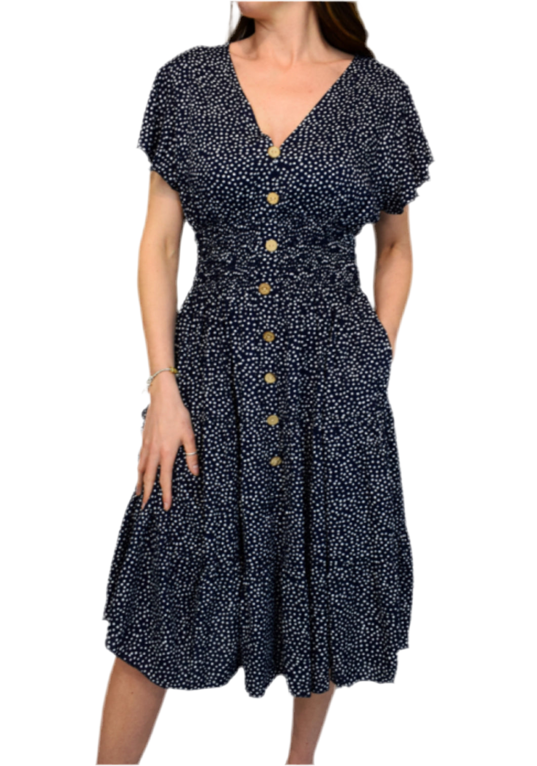 Pebble Spot V Neck Midi Dress - Navy