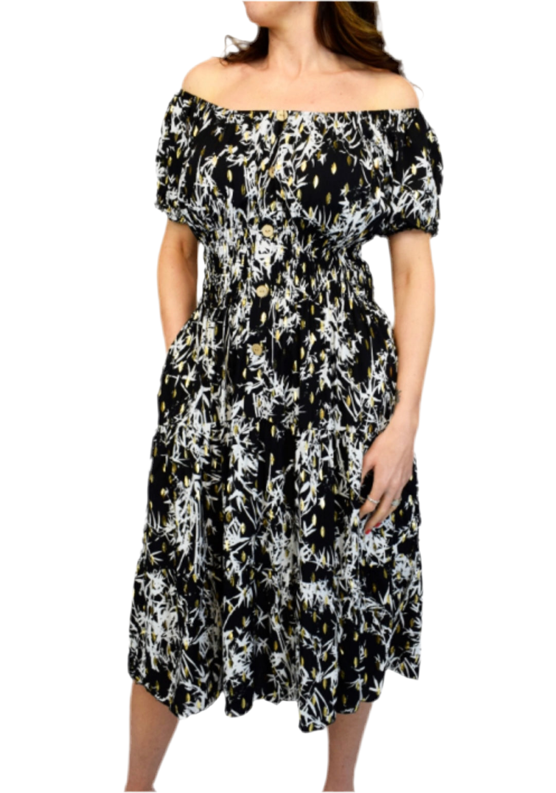 Button Front Midi Dress Splash - Black