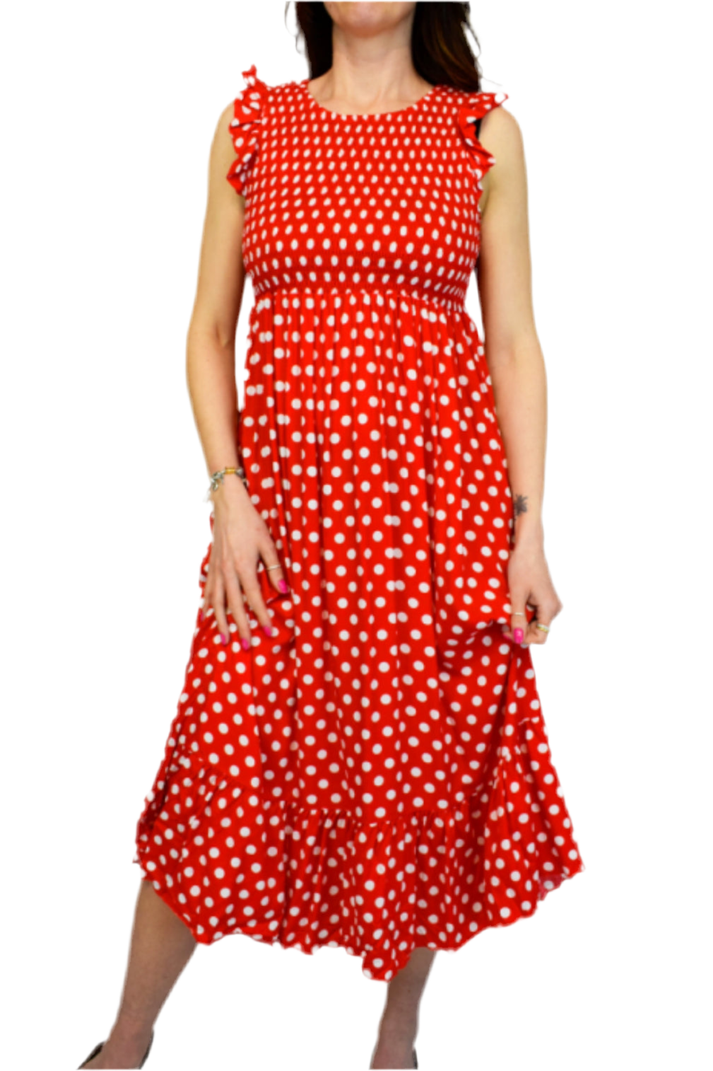 Spot Print Midi Dress - Red
