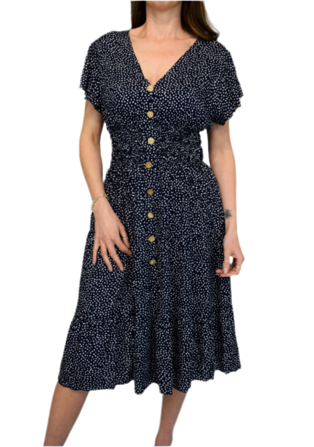 Pebble Spot V Neck Midi Dress - Navy