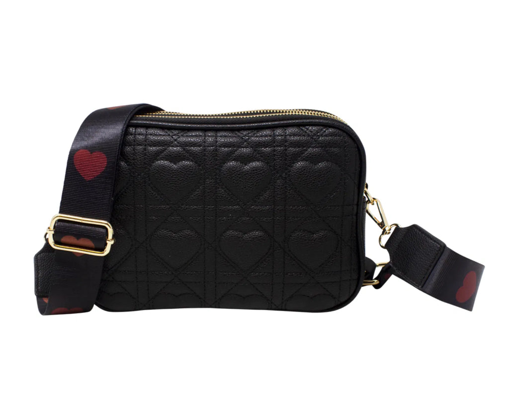 Quilted Heart Camera Cross Body Bag - Black