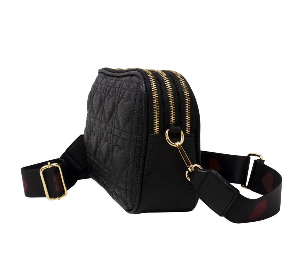 Quilted Heart Camera Cross Body Bag - Black