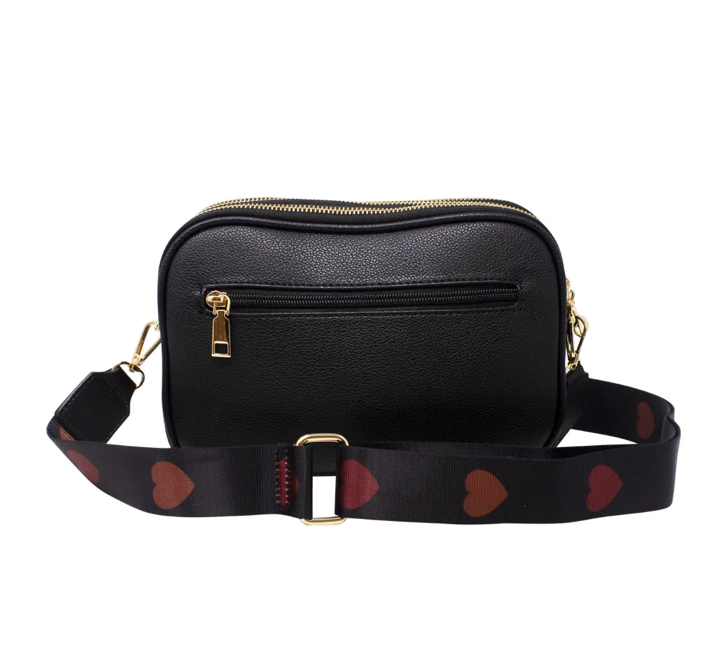 Quilted Heart Camera Cross Body Bag - Black