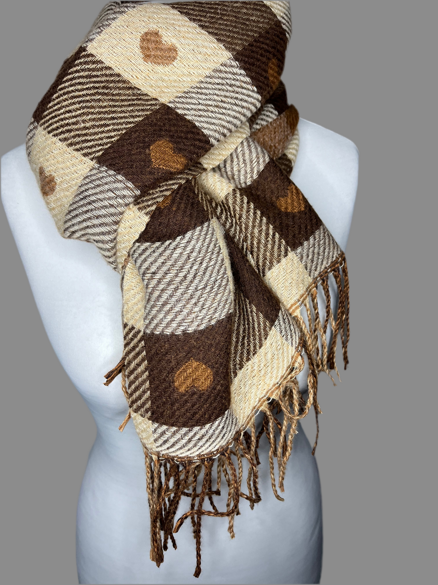Checked Heart Scarf - Brown