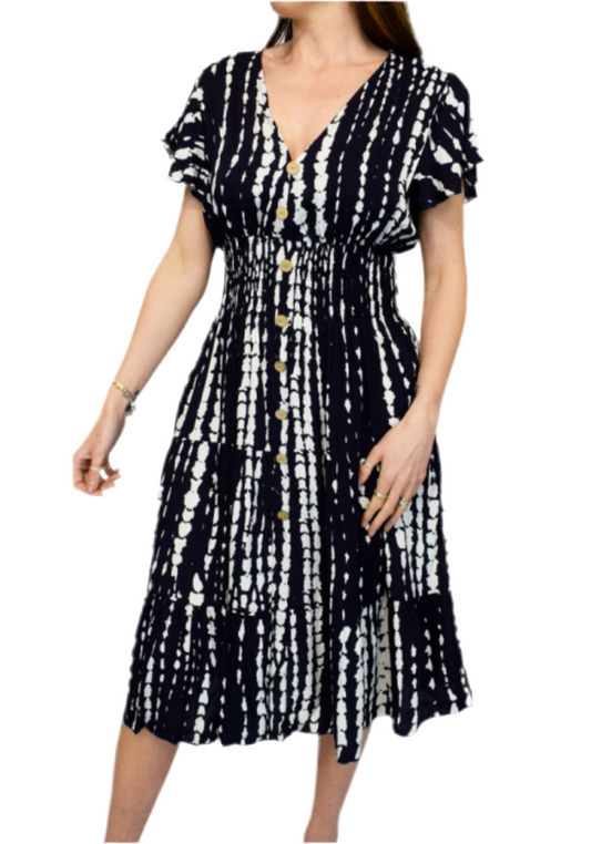 V Neck Midi Dress Splash Stripe- Navy