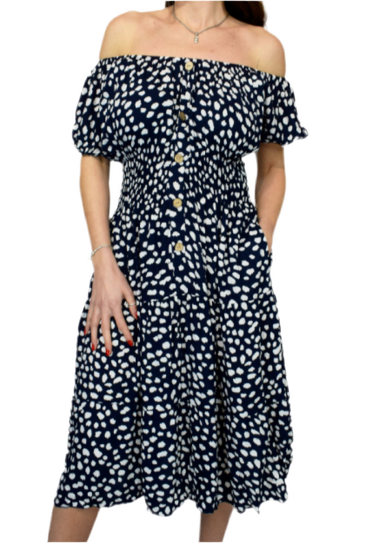 Pebble Spot Midi Dress - Navy