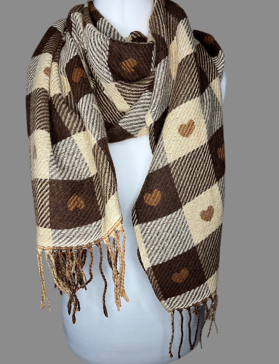 Checked Heart Scarf - Brown