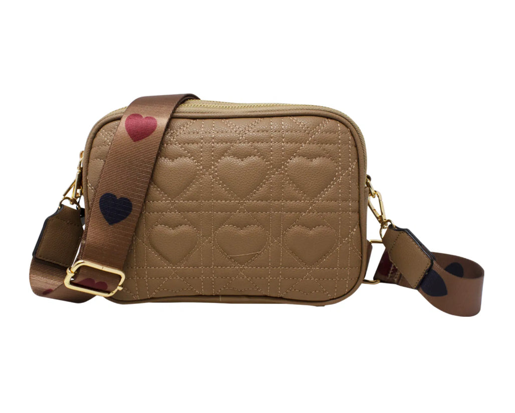Quilted Heart Camera Cross Body Bag - Brown