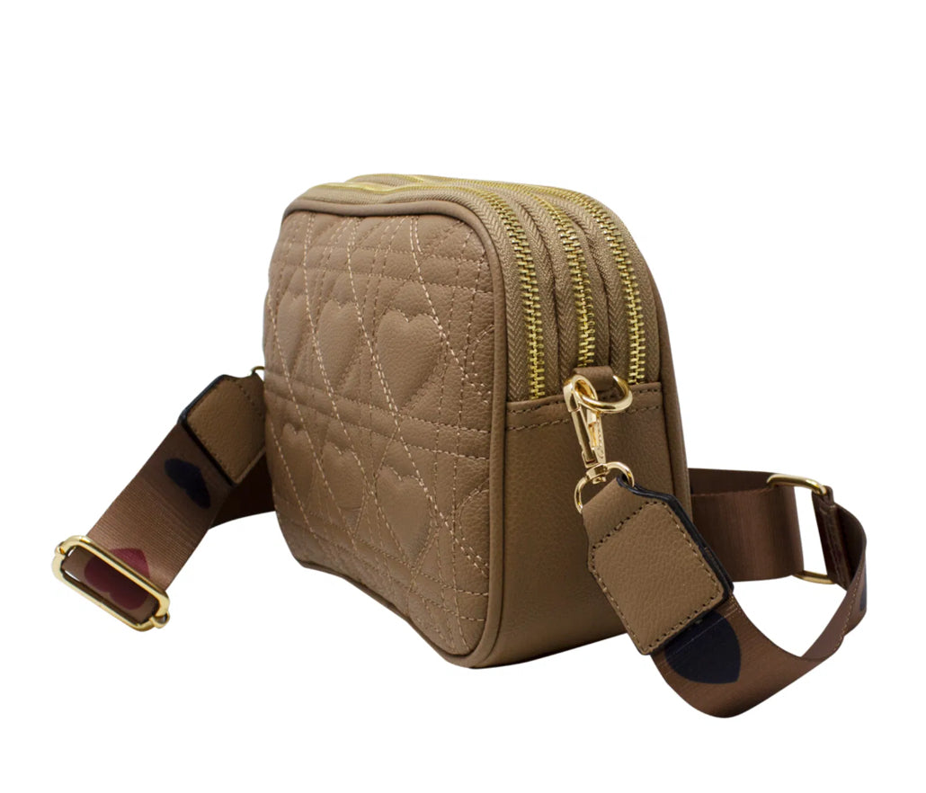 Quilted Heart Camera Cross Body Bag - Brown